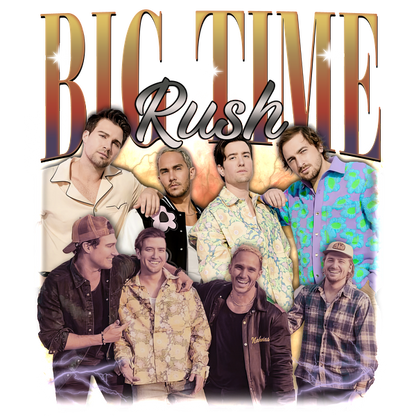 Un collage vibrante que muestra a los miembros de Big Time Rush, con atuendos coloridos y un ambiente animado y enérgico. Transferencias DTF