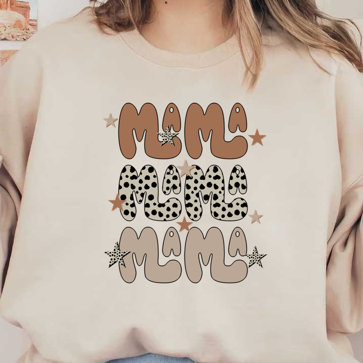 Playful "Mama" text design featuring cute animal print and stars, perfect for mom-themed apparel or decor. dtf transfers