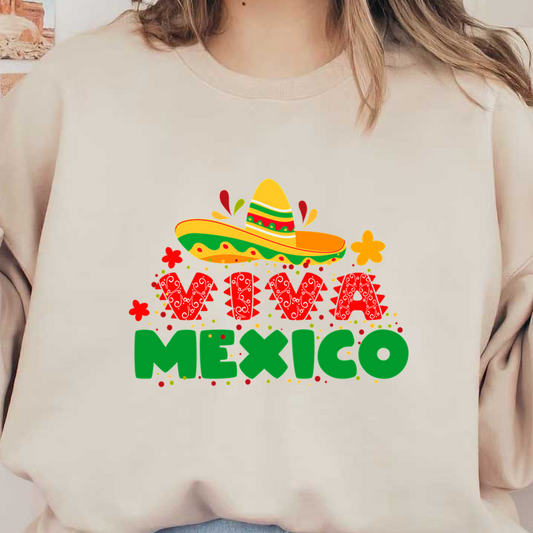 A vibrant, colorful illustration featuring a sombrero and the words "Viva Mexico" in playful, festive lettering. heat press transfers