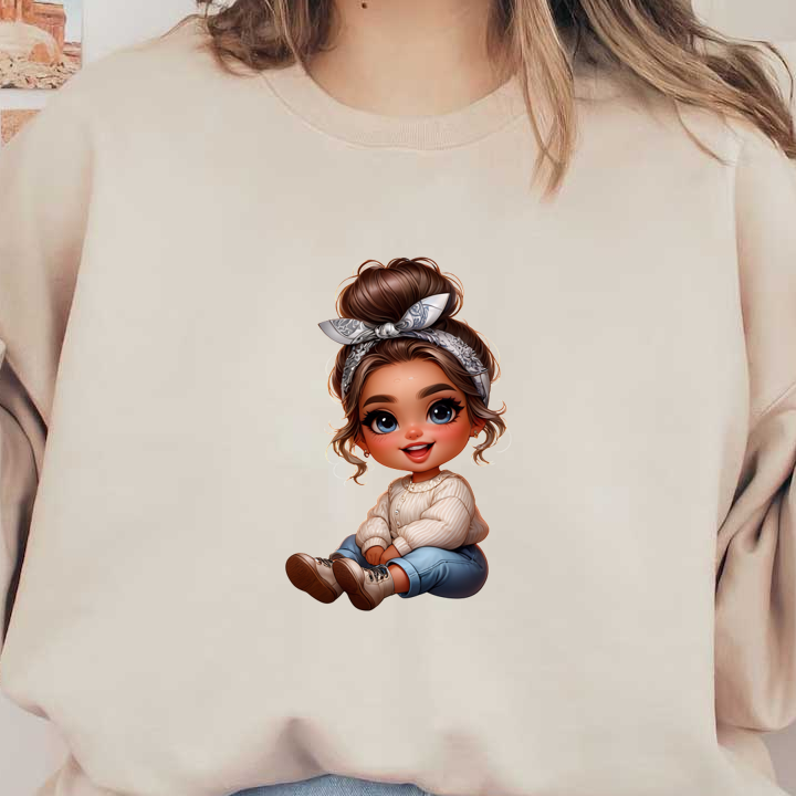 Una alegre niña de dibujos animados con un moño elegante y una diadema, vestida con un suéter acogedor y jeans, sentada felizmente.