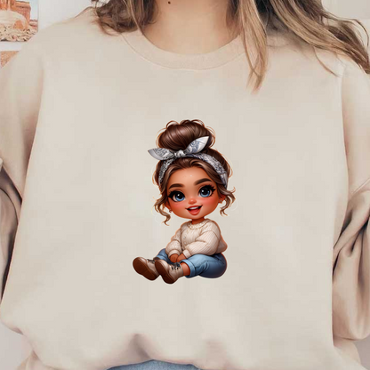 Una alegre niña de dibujos animados con un moño elegante y una diadema, vestida con un suéter acogedor y jeans, sentada felizmente.