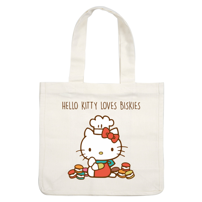 Hello Kitty, dressed as a chef with a playful apron and chef hat, joyfully holds a biscuit while surrounded by colorful treats.DTF Transfers