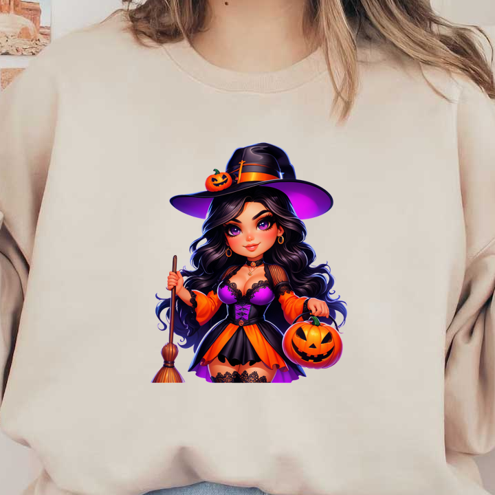 Una bruja encantadora con un traje naranja y negro, sosteniendo un cubo de calabaza y una escoba, perfecta para las festividades de Halloween.