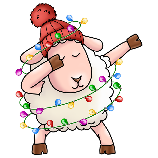 A cheerful cartoon sheep wearing a red knit hat dances while wrapped in colorful Christmas lights, bringing festive joy. dtf transfers