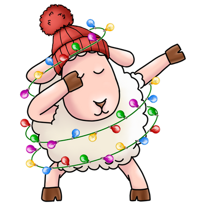 A cheerful cartoon sheep wearing a red knit hat dances while wrapped in colorful Christmas lights, bringing festive joy. dtf transfers