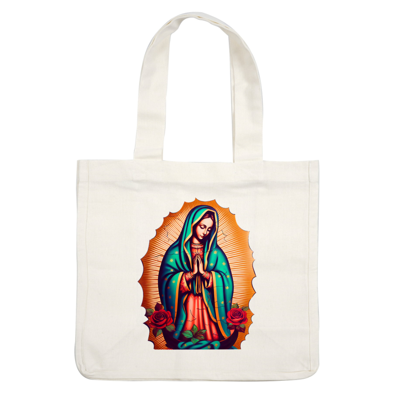 A vibrant depiction of the Virgin Mary, adorned with turquoise and red robes, surrounded by roses and radiant golden rays. heat press transfers