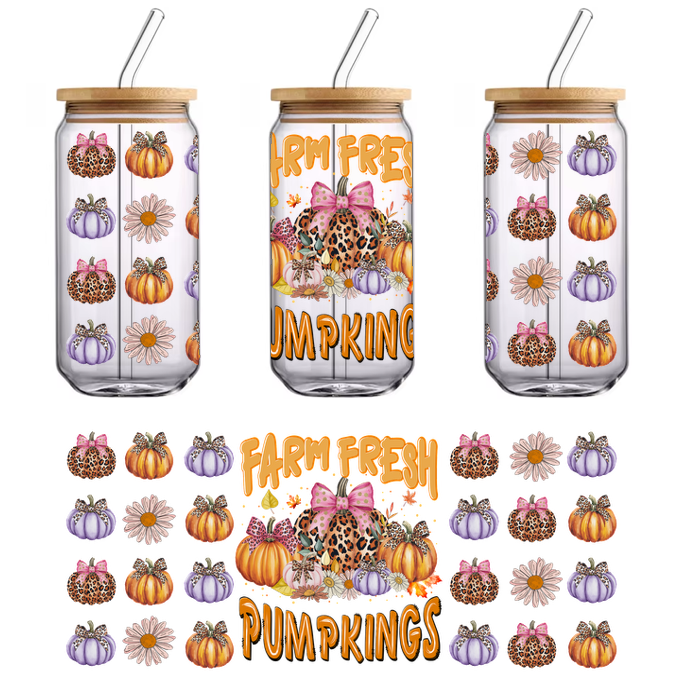 Diseño otoñal vibrante que presenta una combinación de calabazas con estampado de leopardo, flores coloridas y el texto "Calabazas frescas de granja". Transferencias UV