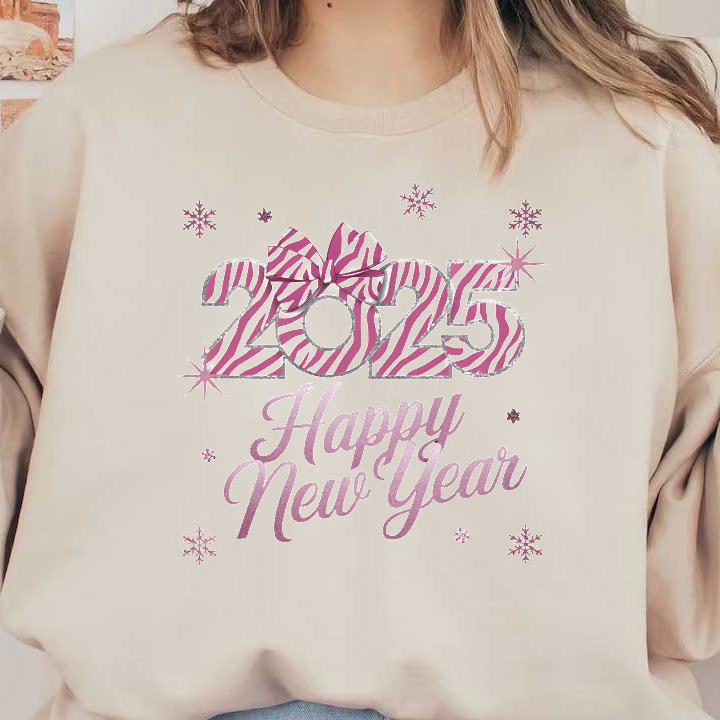 Celebrate the New Year with this festive "2025 Happy New Year" design featuring striped numbers, a bow, and decorative snowflakes!DTF Transfers