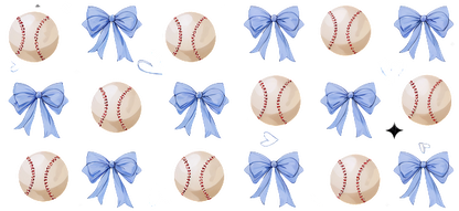 A playful pattern featuring baseballs and blue bows, perfect for a sporty and stylish design.UV Transfers heat press transfers