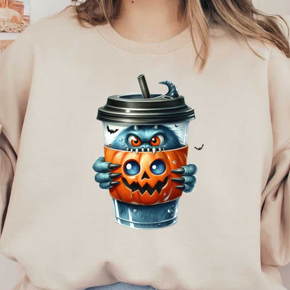 Un divertido vaso para bebidas con temática de Halloween que presenta un monstruo azul que sostiene una calabaza tallada, completo con una pajita y detalles espeluznantes.