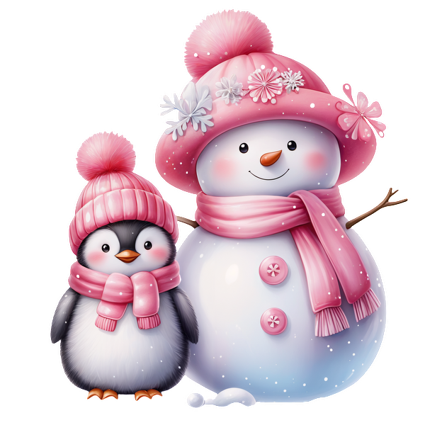 Adorable penguin and snowman duo, both dressed in cozy pink hats and scarves, bringing festive cheer to winter! heat press transfers