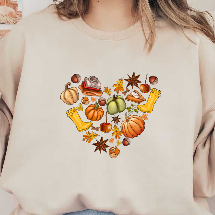 A charming autumn-themed illustration featuring pumpkins, leaves, acorns, yellow rain boots, and a slice of pumpkin pie, all in a heart shape.DTF Transfers heat press transfers