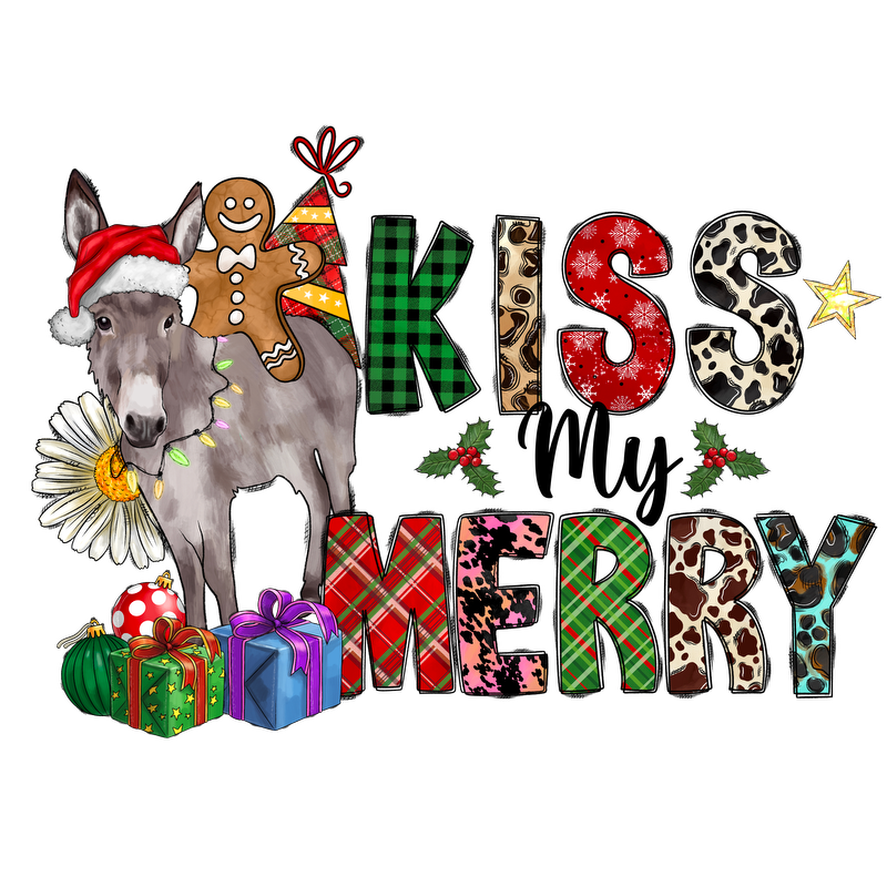 A festive illustration featuring a donkey in a Santa hat and colorful text that reads "KISS MERRY," decorated with gifts.DTF Transfers heat press transfers