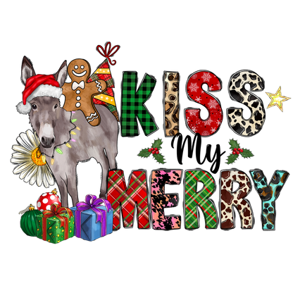 A festive illustration featuring a donkey in a Santa hat and colorful text that reads "KISS MERRY," decorated with gifts.DTF Transfers heat press transfers