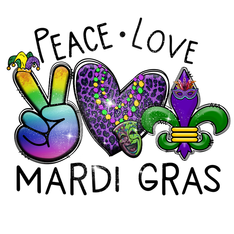 Celebrate Mardi Gras with vibrant artwork featuring a peace sign, a leopard-print heart, beads, and festive symbols!DTF Transfers