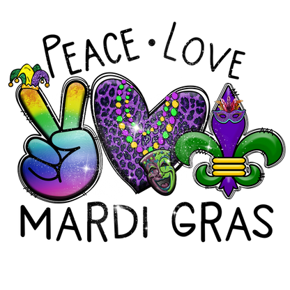 Celebrate Mardi Gras with vibrant artwork featuring a peace sign, a leopard-print heart, beads, and festive symbols!DTF Transfers