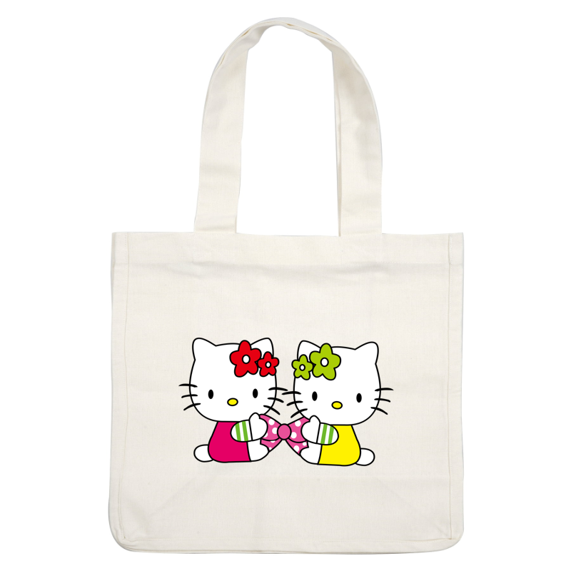 Two adorable Hello Kitty characters, dressed in pink and yellow with colorful flower accents, are holding a pink bow together.DTF Transfers