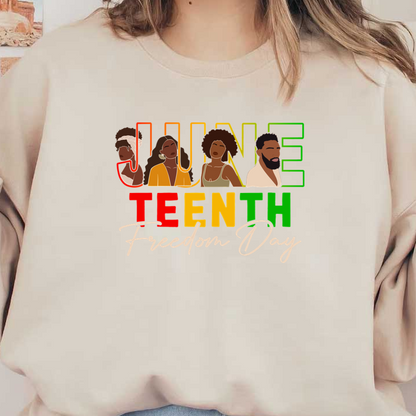 Celebrate Juneteenth Freedom Day with this vibrant illustration featuring diverse figures and bold, colorful lettering. dtf transfers