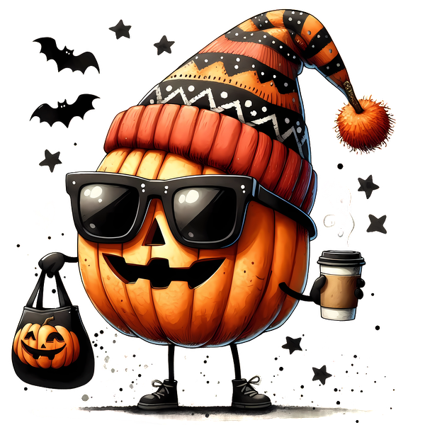 Un divertido personaje de dibujos animados de calabaza que usa gafas de sol y un gorro de punto estampado, sosteniendo un café y una bolsa de mano de Halloween.