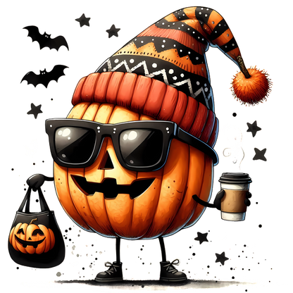 Un divertido personaje de dibujos animados de calabaza que usa gafas de sol y un gorro de punto estampado, sosteniendo un café y una bolsa de mano de Halloween.