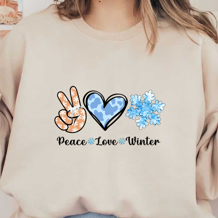 A playful graphic featuring a snowflake-themed peace sign, a blue heart, and a snowflake, perfect for winter vibes.dtf regular iron