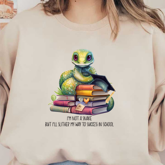 Una encantadora serpiente verde con un birrete de graduación se sienta sobre libros coloridos y promueve la idea del éxito académico con un toque lúdico.