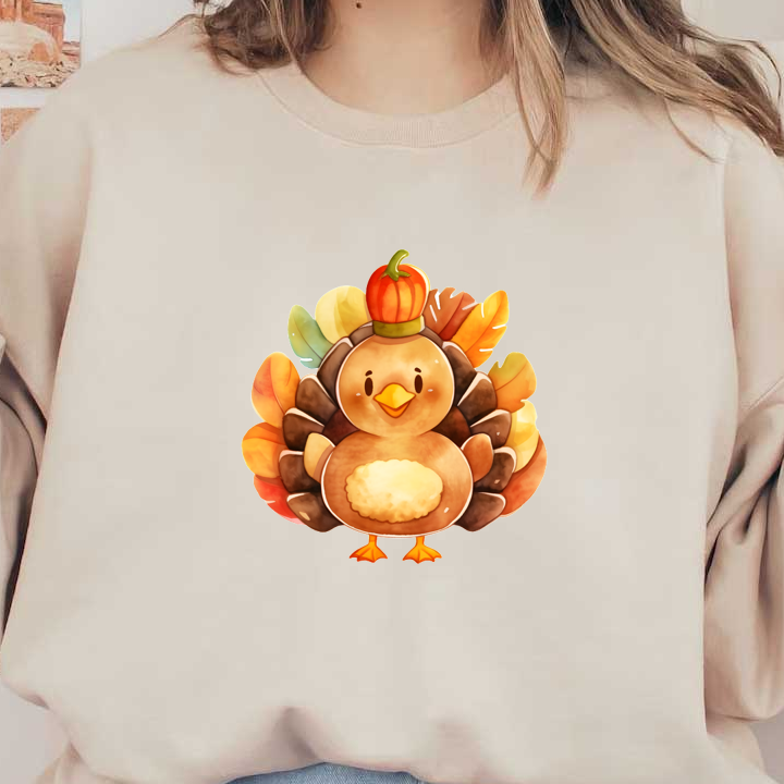 A cute, cartoon turkey wearing a pumpkin hat, with colorful feather plumage, perfect for a festive fall celebration! dtf transfers