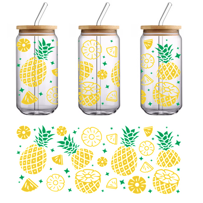 A vibrant pattern featuring pineapples, lemon slices, and various tropical fruits.UV Transfers