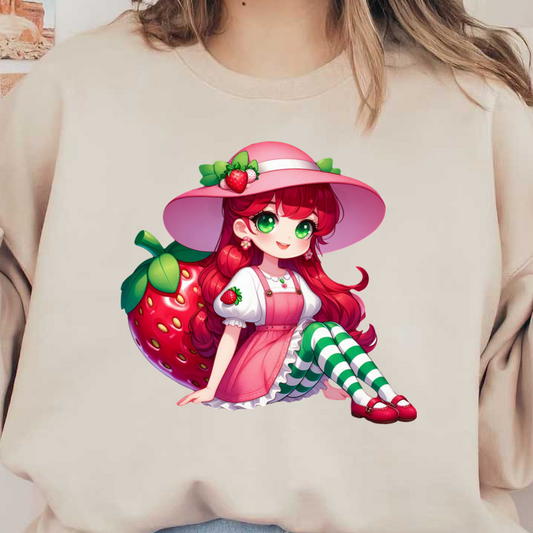 A whimsical character with long pink hair, wearing a strawberry-themed dress, green-and-white striped stockings, and a large pink hat.DTF Transfers