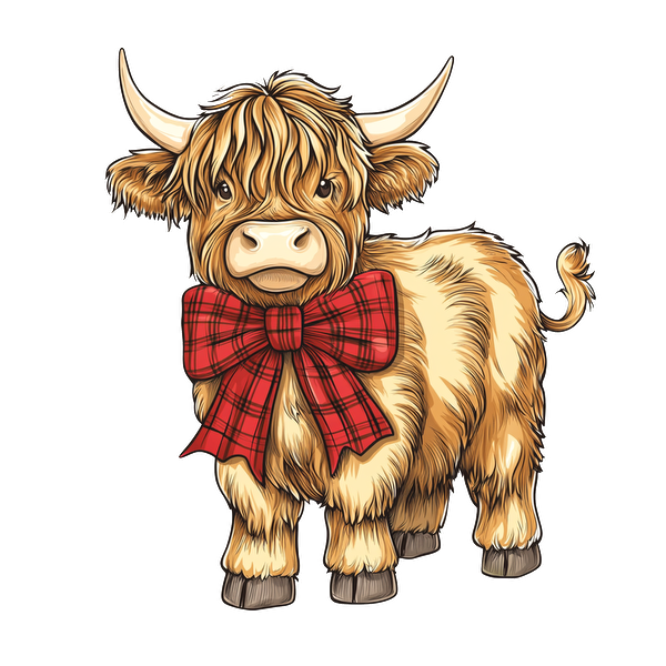 Adorable Highland cow featuring fluffy fur and a festive red plaid bow, perfect for adding charm to any design! dtf transfers