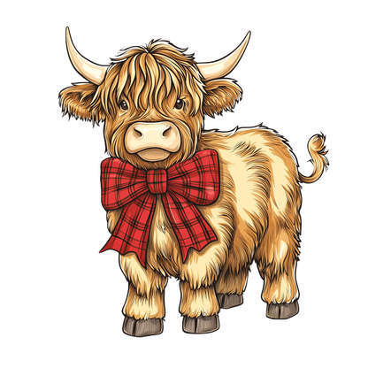 Adorable Highland cow featuring fluffy fur and a festive red plaid bow, perfect for adding charm to any design! dtf transfers