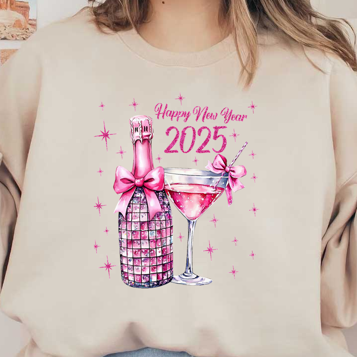 Celebrate the New Year 2025 with this festive illustration featuring a sparkling pink champagne bottle and a stylish cocktail.DTF Transfersdtf regular irondtf regular iron