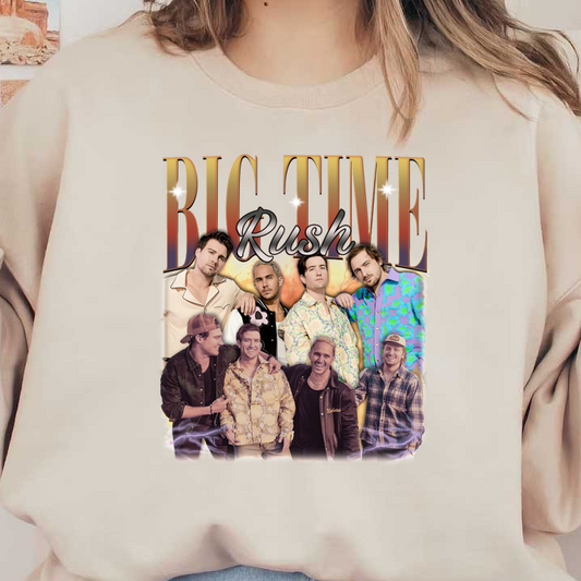 A vibrant collage showcasing the members of Big Time Rush, featuring colorful outfits and a lively, energetic vibe.DTF Transfers dtf transfers dtf transfers