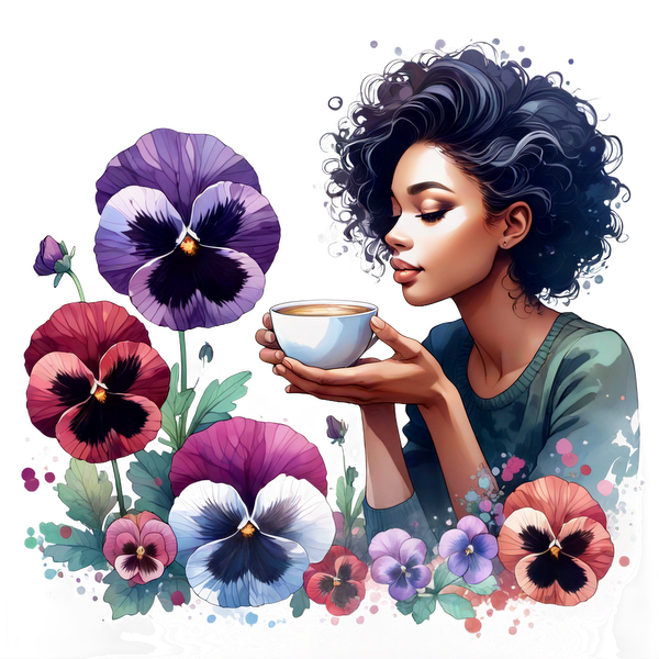 Una ilustración serena de una mujer con cabello rizado disfrutando de una taza de café en medio de vibrantes flores de pensamientos.