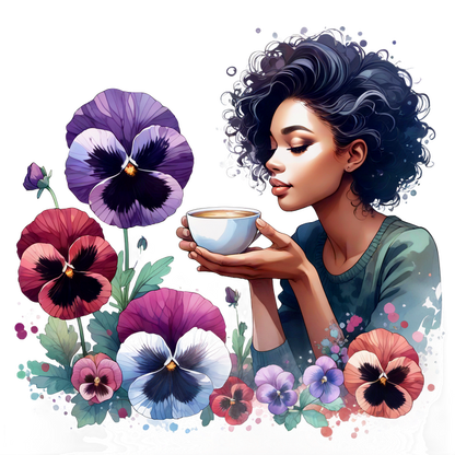 Una ilustración serena de una mujer con cabello rizado disfrutando de una taza de café en medio de vibrantes flores de pensamientos.