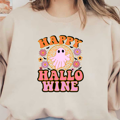 Celebre Halloween con este divertido diseño "Happy Halloweine" que presenta un lindo fantasma y vibrantes detalles florales.