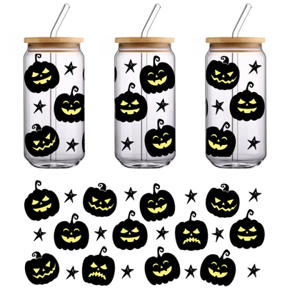 A playful array of yellow Halloween-themed pumpkin faces set against a dark background, featuring various expressions from spooky to cheerful.UV Transfers dtf transfers