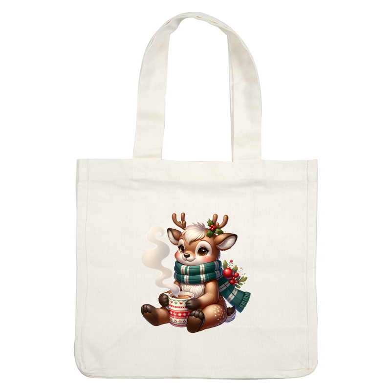 A cute cartoon deer wearing a festive green scarf, holding a decorated mug of steaming hot cocoa, adorned with holiday details. dtf transfers