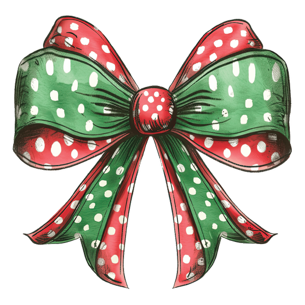 A cheerful holiday bow featuring red and green fabric with white polka dots, perfect for festive decorations. dtf prints