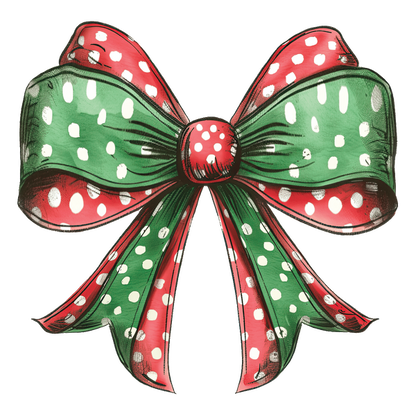 A cheerful holiday bow featuring red and green fabric with white polka dots, perfect for festive decorations. dtf prints