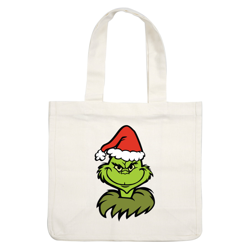 Cheerful green character with a sly grin, wearing a festive red Santa hat, perfect for holiday-themed decorations!DTF Transfers heat press transfersdtf regular iron