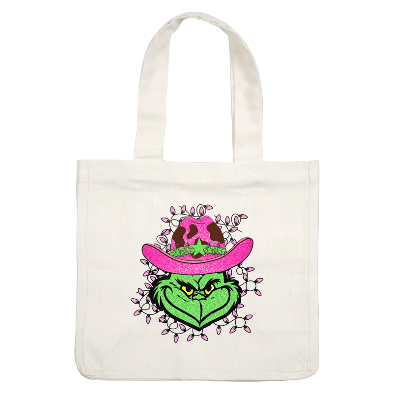 A whimsical design featuring the Grinch in a pink cowboy hat adorned with lights and sparkly details, perfect for festive occasions.DTF Transfersdtf regular iron dtf transfers