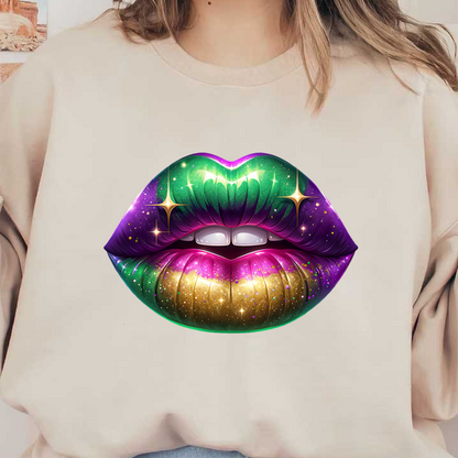 This vibrant graphic features a pair of glamorously decorated lips in green, purple, and gold with sparkling accents.DTF Transfers