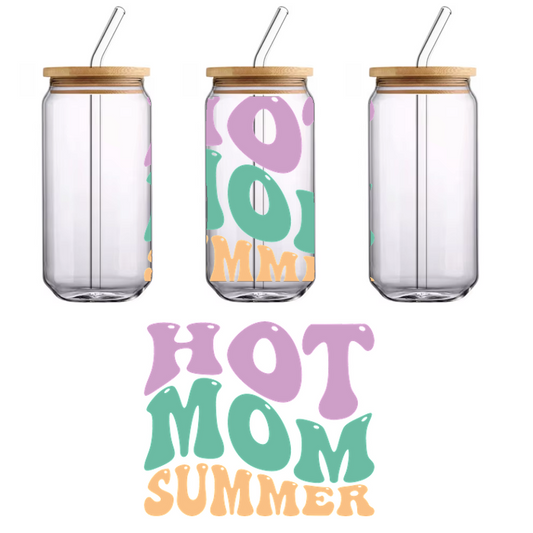 Celebrate summer with this playful "Hot Mom Summer" graphic, featuring vibrant, retro-inspired lettering in fun colors.UV Transfers heat press transfers