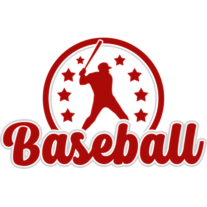 Un logotipo llamativo con temática de béisbol que presenta la silueta de un jugador y estrellas, con la palabra "Béisbol" destacada en rojo. Transferencias DTF