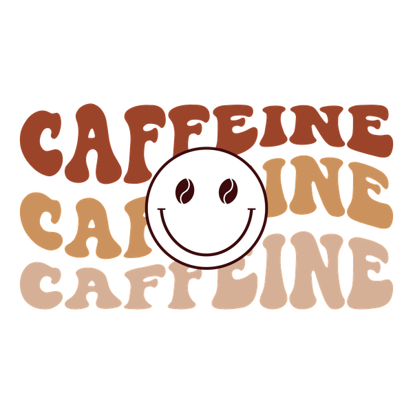 Fun and vibrant graphic featuring the word "Caffeine" in playful, colorful typography with a cheerful smiley face and coffee beans. dtf prints