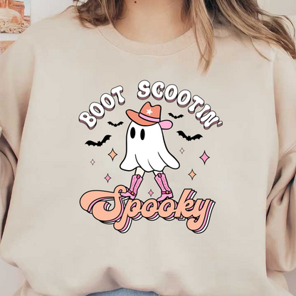 A playful ghost character wearing a cowboy hat and pink boots, with the text "Boot Scootin' Spooky" in fun lettering.dtf regular iron