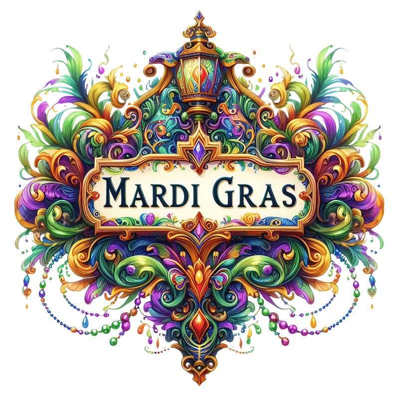 A vibrant, ornate Mardi Gras sign adorned with colorful swirls, beads, and a lantern, radiating festive energy and cheer.DTF Transfers