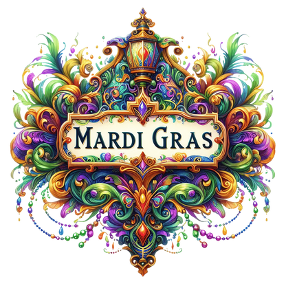 A vibrant, ornate Mardi Gras sign adorned with colorful swirls, beads, and a lantern, radiating festive energy and cheer.DTF Transfers