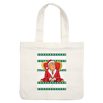 A festive holiday-themed graphic featuring a Santa figure sitting in a throne with the slogan "Make Christmas Great Again."DTF Transfersdtf regular irondtf regular iron